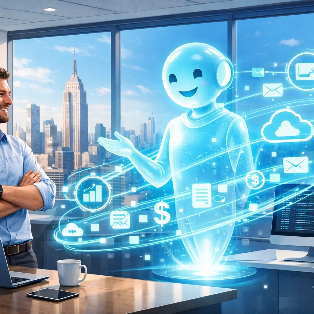 Friendly IT specialist monitoring an autonomous AI agent managing data nodes in a modern NYC office.