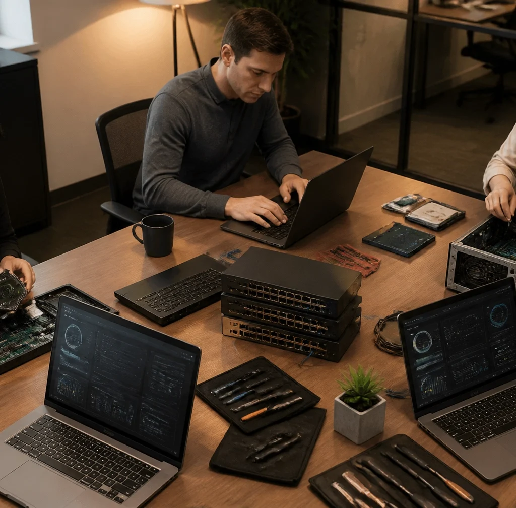 IT technicians reviewing device health data and computer hardware in a Manhattan office