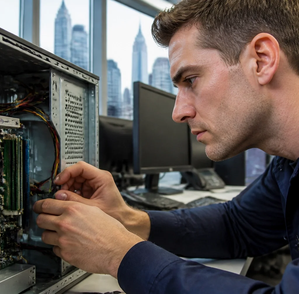 Technician examining motherboard of outdated workstation
