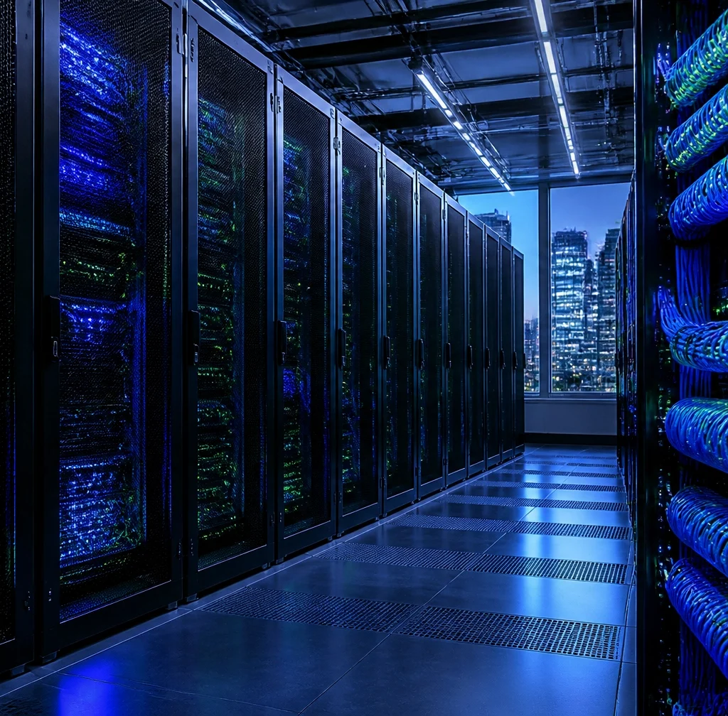 High-tech server room in a Manhattan office with glowing LED lights