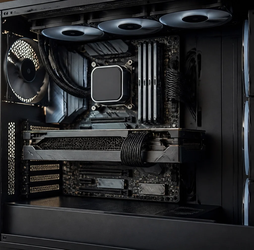 Detailed interior of an AI-ready custom PC showing GPU, memory, motherboard, cooling, and cable management